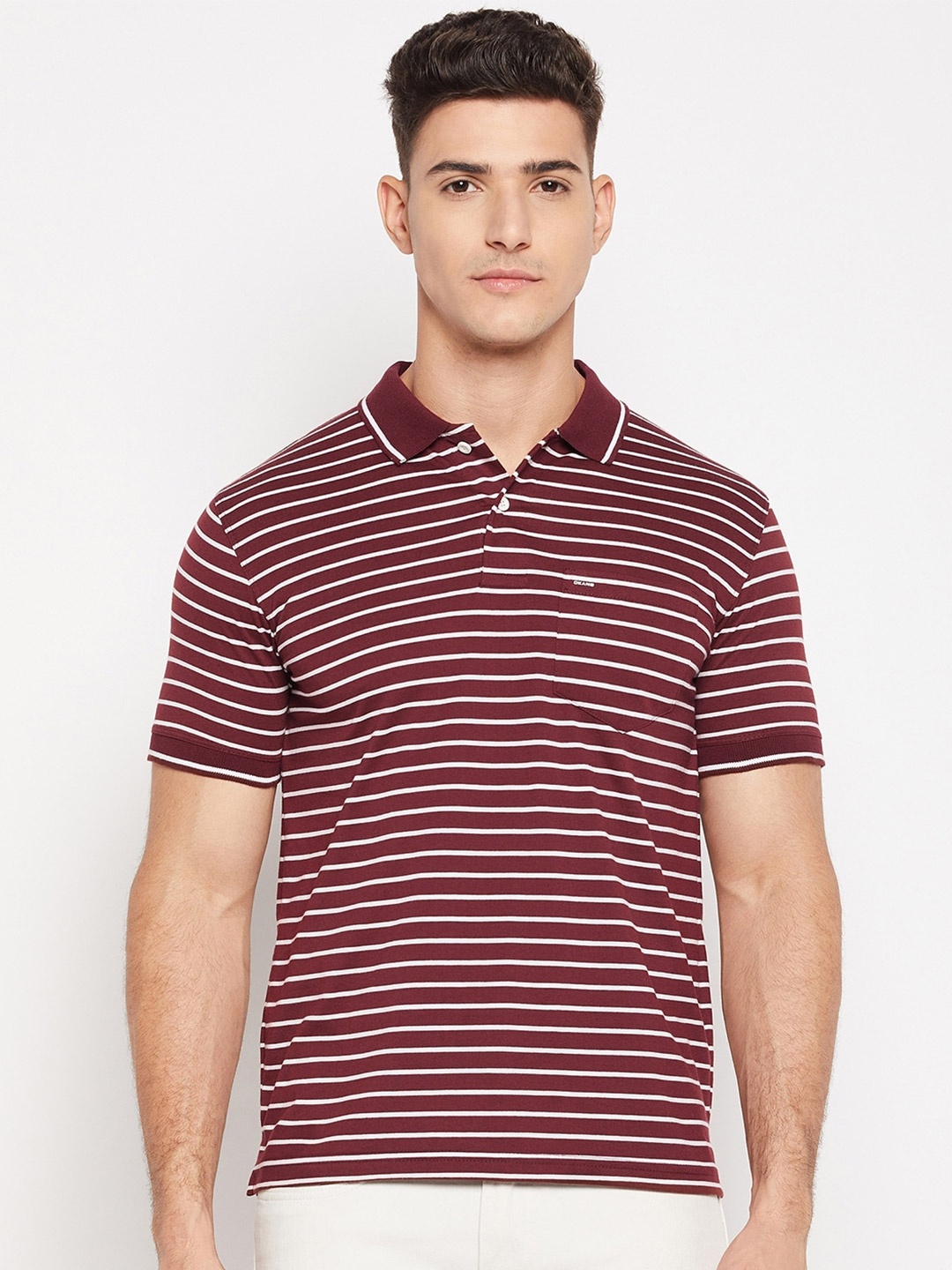 

Okane Striped Polo Collar Cotton T-shirt, Maroon