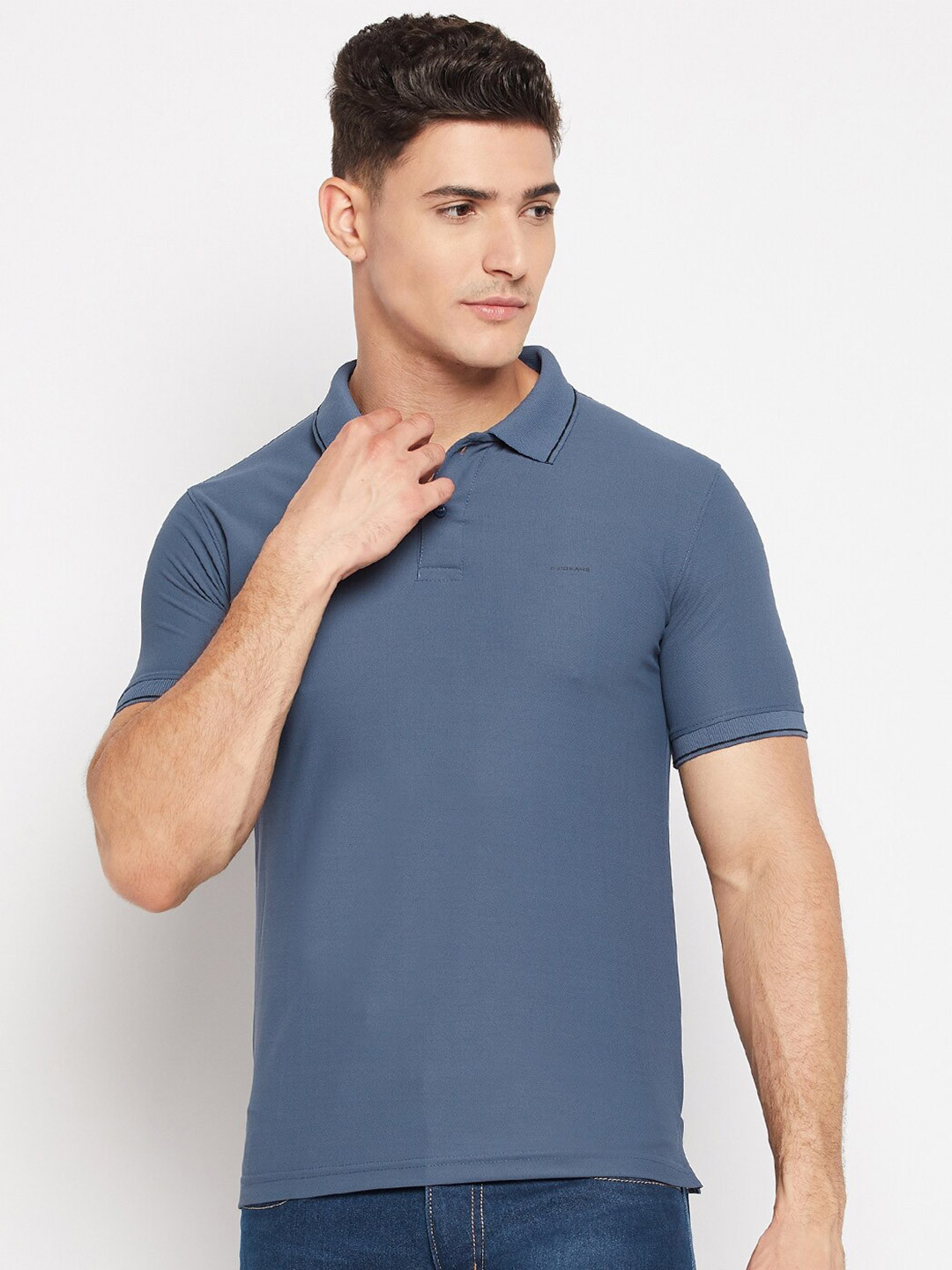 

Okane Men Blue Polo Collar T-shirt