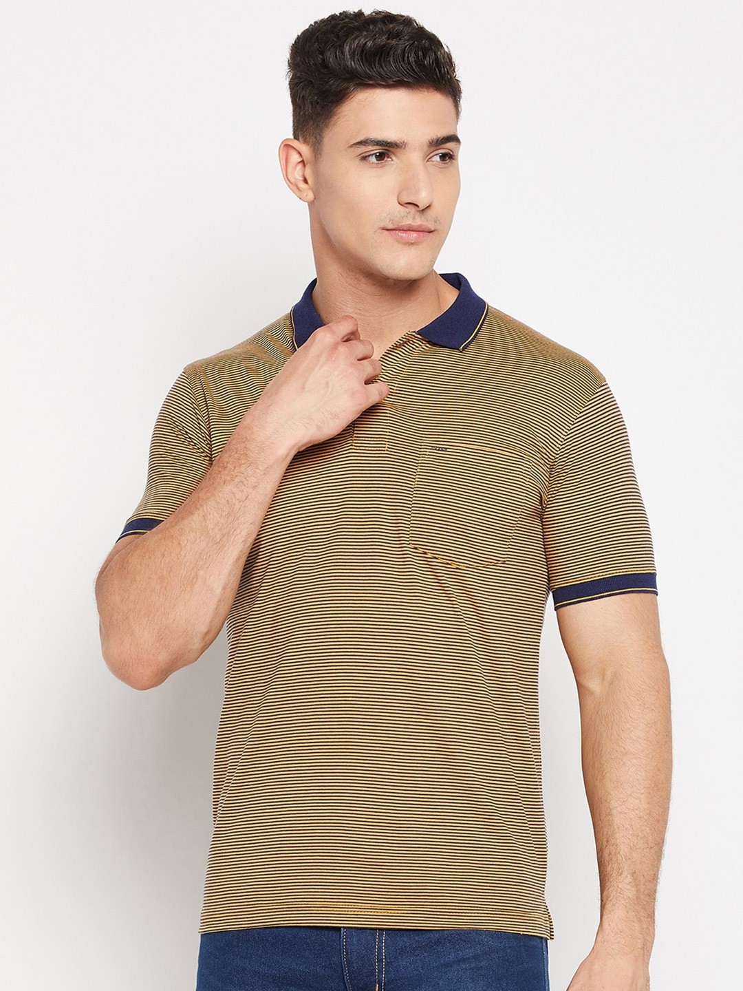 

Okane Striped Polo Collar Cotton T-shirt, Yellow