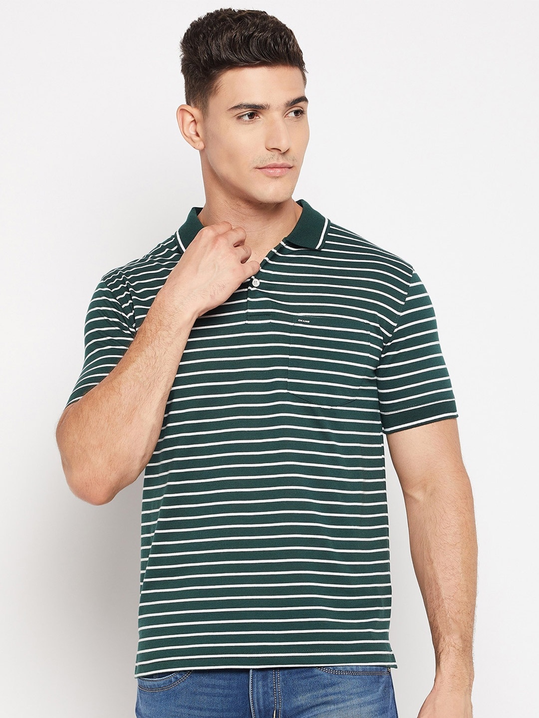 

Okane Striped Polo Collar Short Sleeve Cotton T-shirt, Green