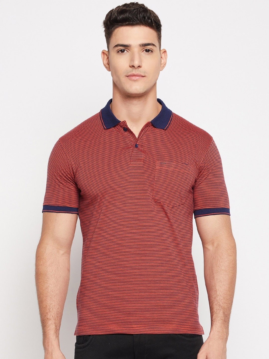 

Okane Striped Polo Collar Cotton T-shirt, Coral