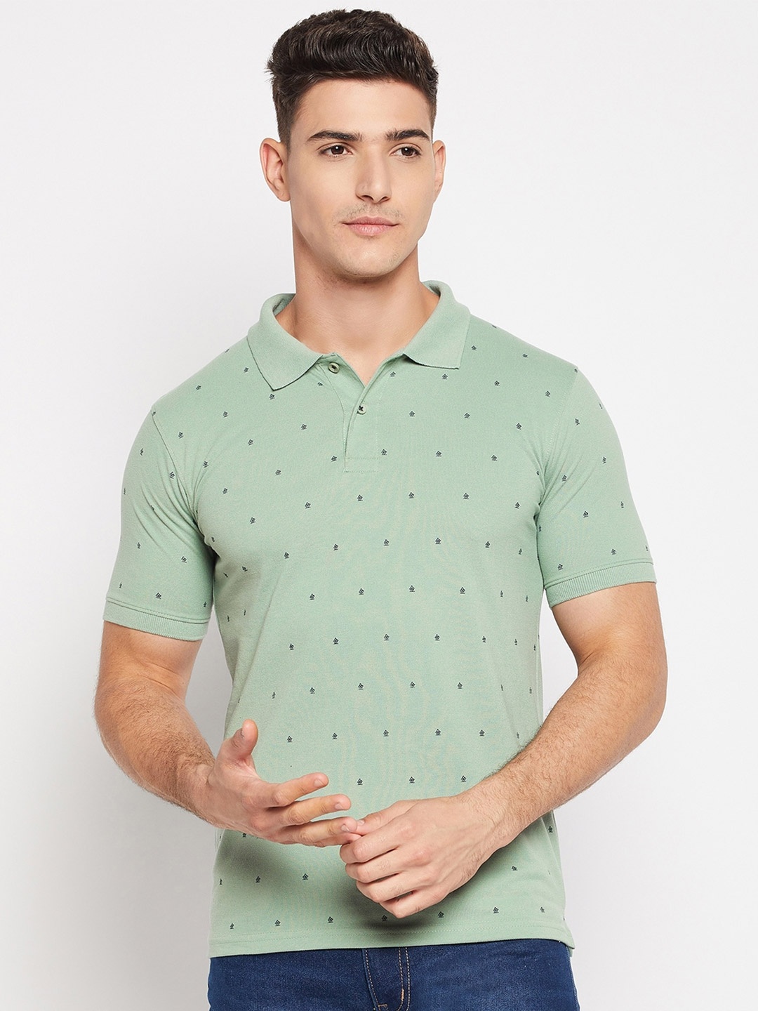 

Okane Men Conversational Printed Polo Collar Cotton T-shirt, Green