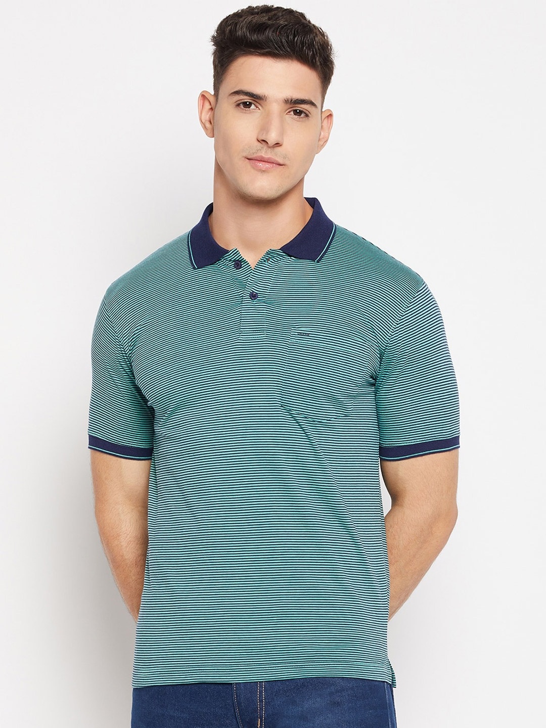 

Okane Striped Polo Collar Short Sleeve Cotton T-shirt, Green