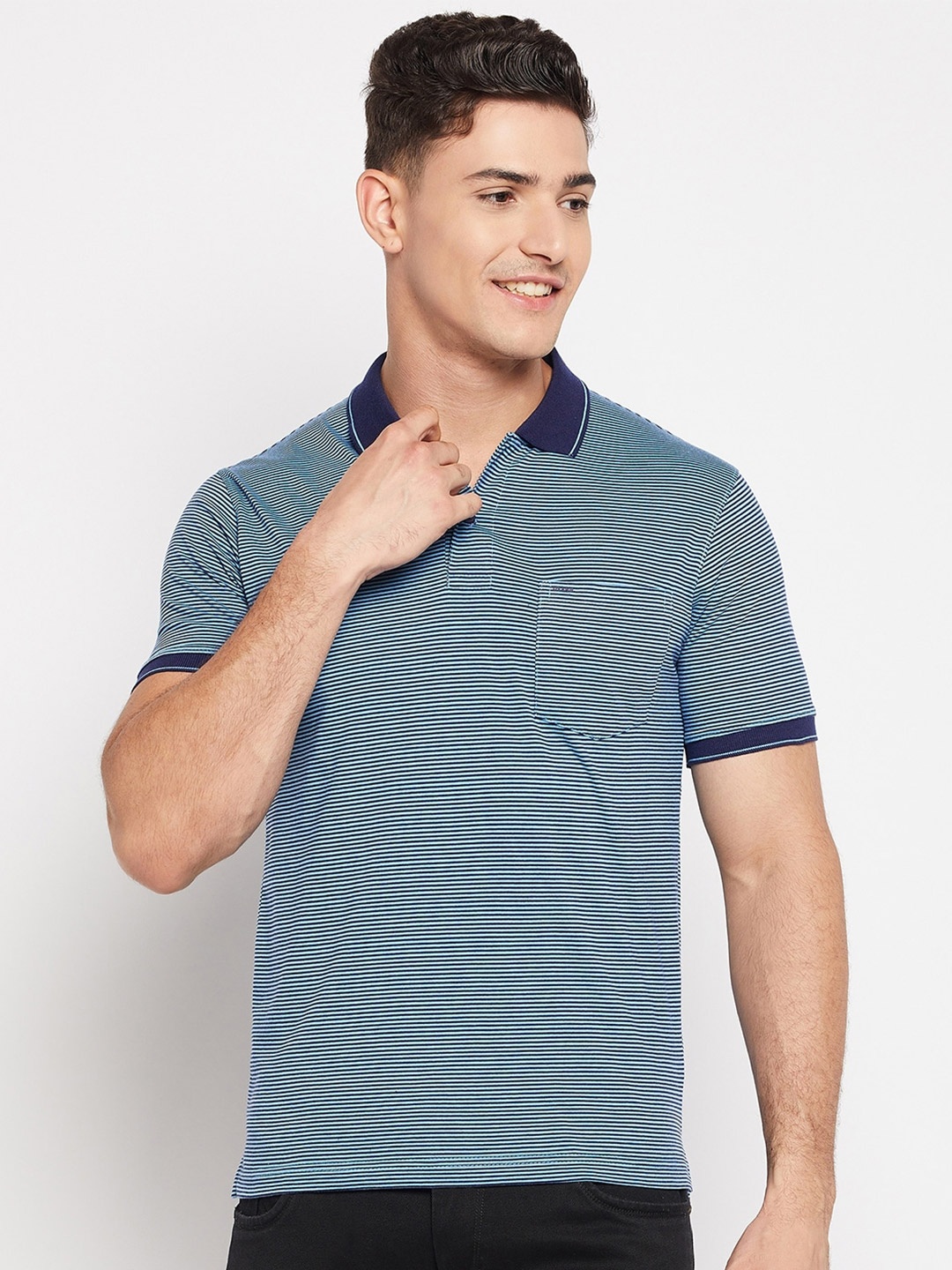 

Okane Striped Polo Collar Short Sleeve Cotton T-shirt, Blue