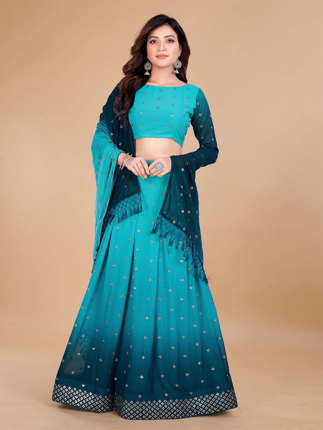 

Granthva Fab Embroidered Sequinned Semi-Stitched Lehenga & Unstitched Blouse With Dupatta, Teal