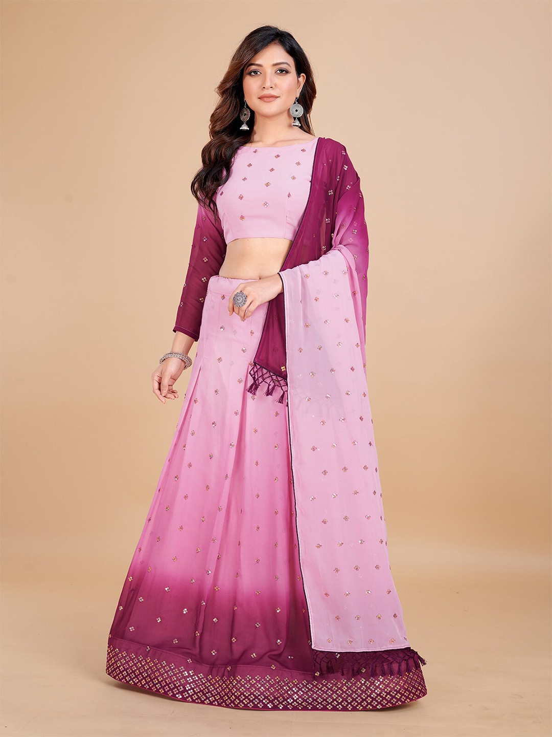 

Granthva Fab Embroidered Sequinned Semi-Stitched Lehenga Choli With Dupatta, Pink
