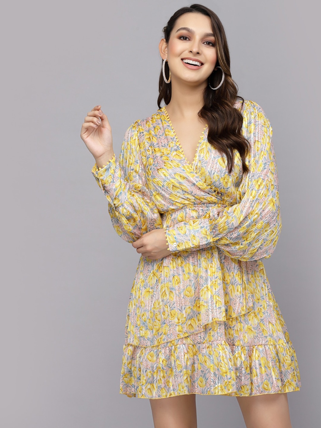 

Mafadeny Floral Printed Puff Sleeves Chiffon Wrap Dress, Yellow