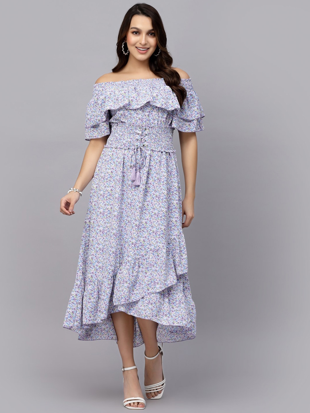 

Mafadeny Off-Shoulder Floral Printed Tulip Hem Chiffon Maxi Dress, Purple