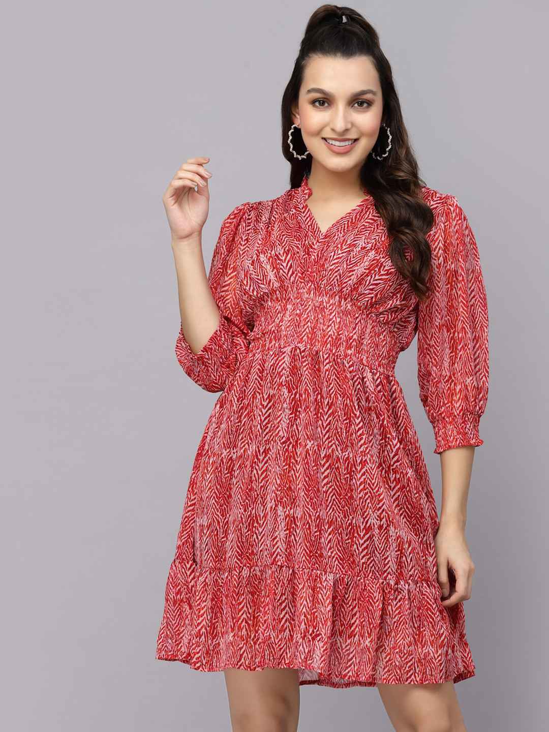

Mafadeny V-Neck Stripes Printed Smocked Chiffon A-Line Dress, Red