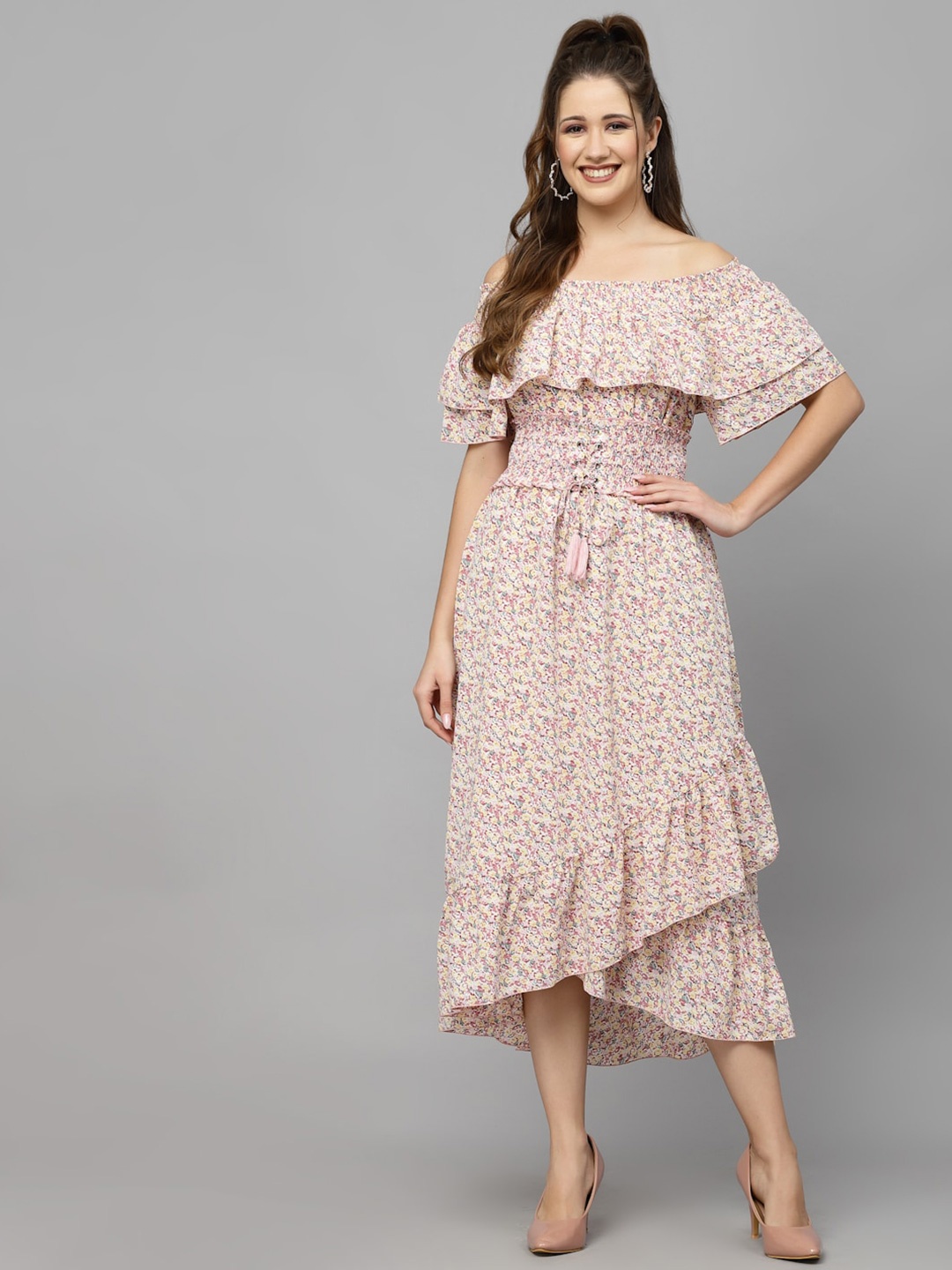 

Mafadeny Floral Printed Off-Shoulder Chiffon A-Line Dress, Yellow