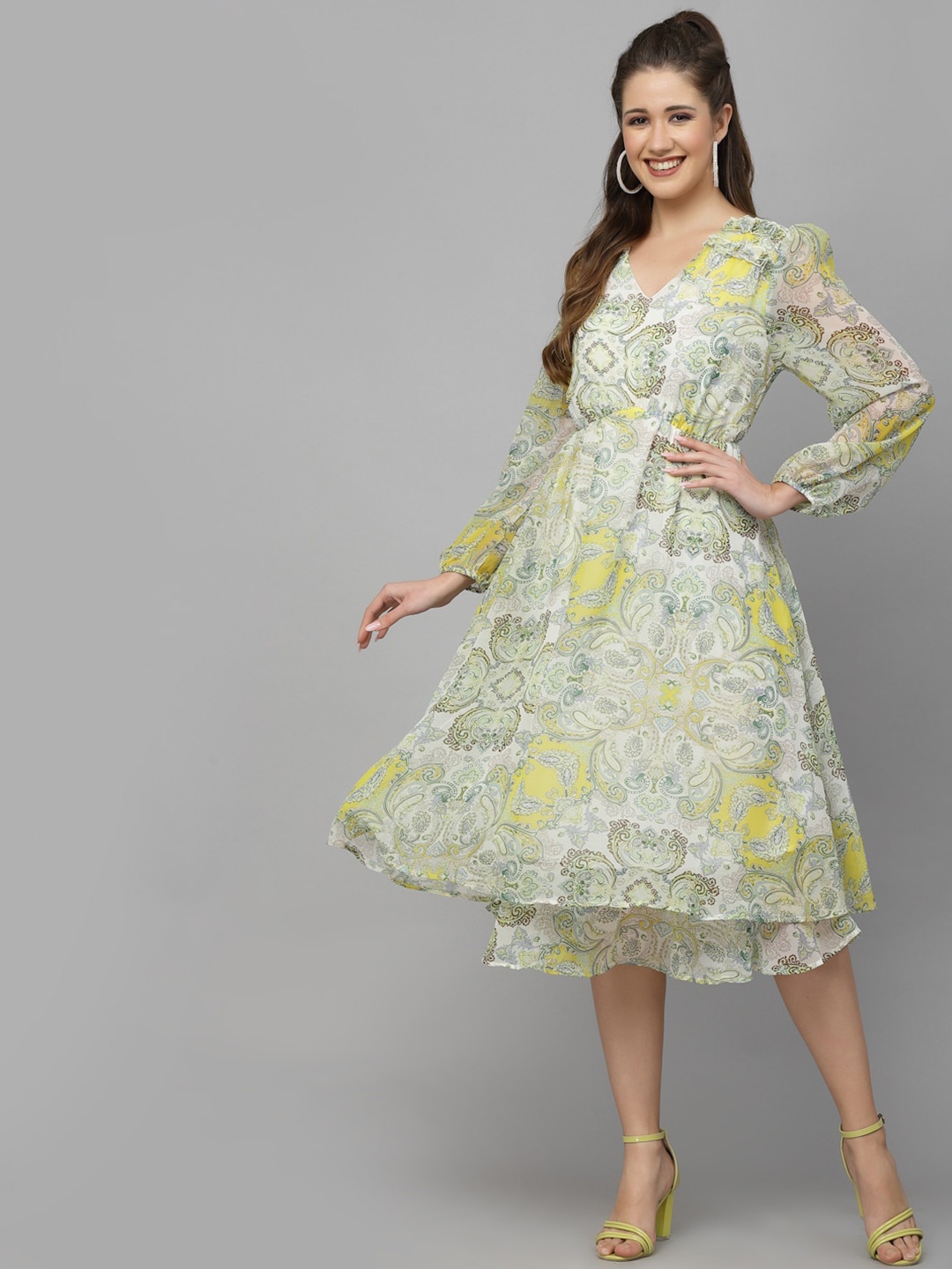 

Mafadeny Floral Printed V Neck Puff Sleeves Chiffon A-Line Dress, Green