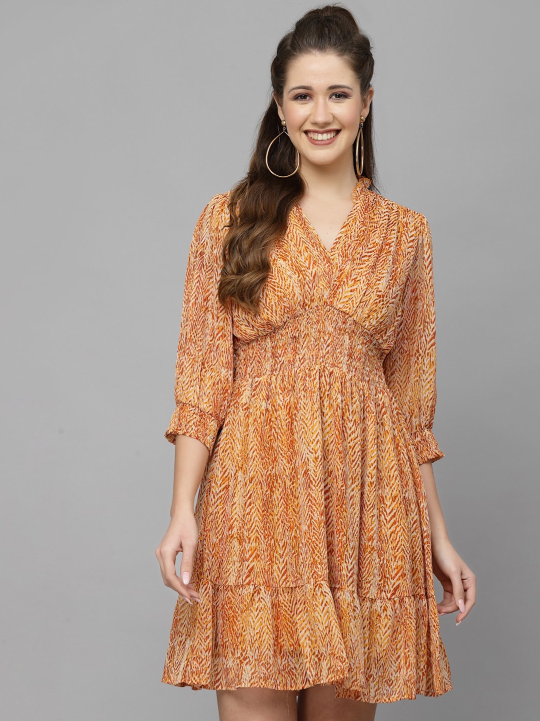 

Mafadeny V-Neck Stripes Printed Smocked Chiffon A-Line Dress, Mustard