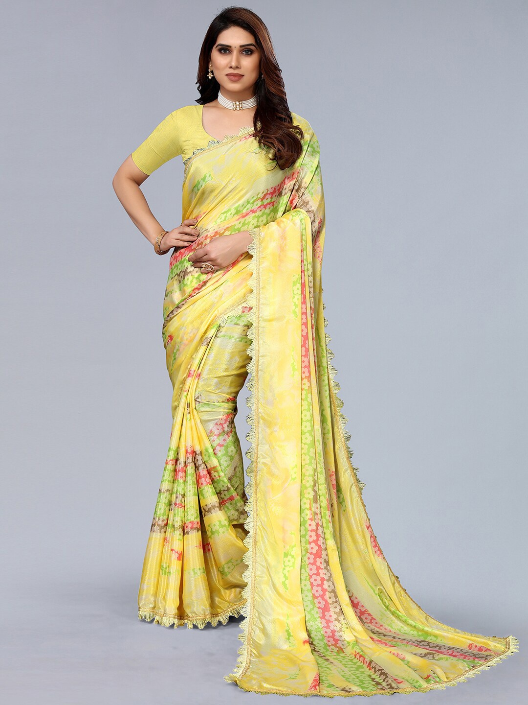 

SIRIL Floral Printed Silk Blend Saree, Yellow