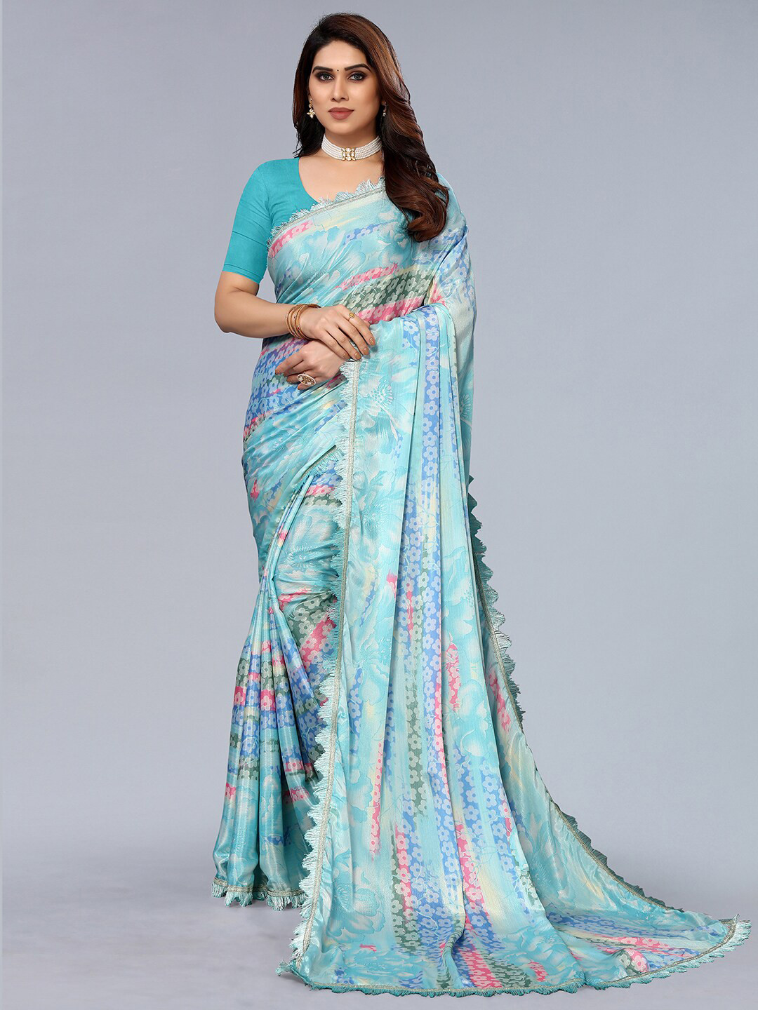 

SIRIL Printed Floral Silk Blend Saree, Blue