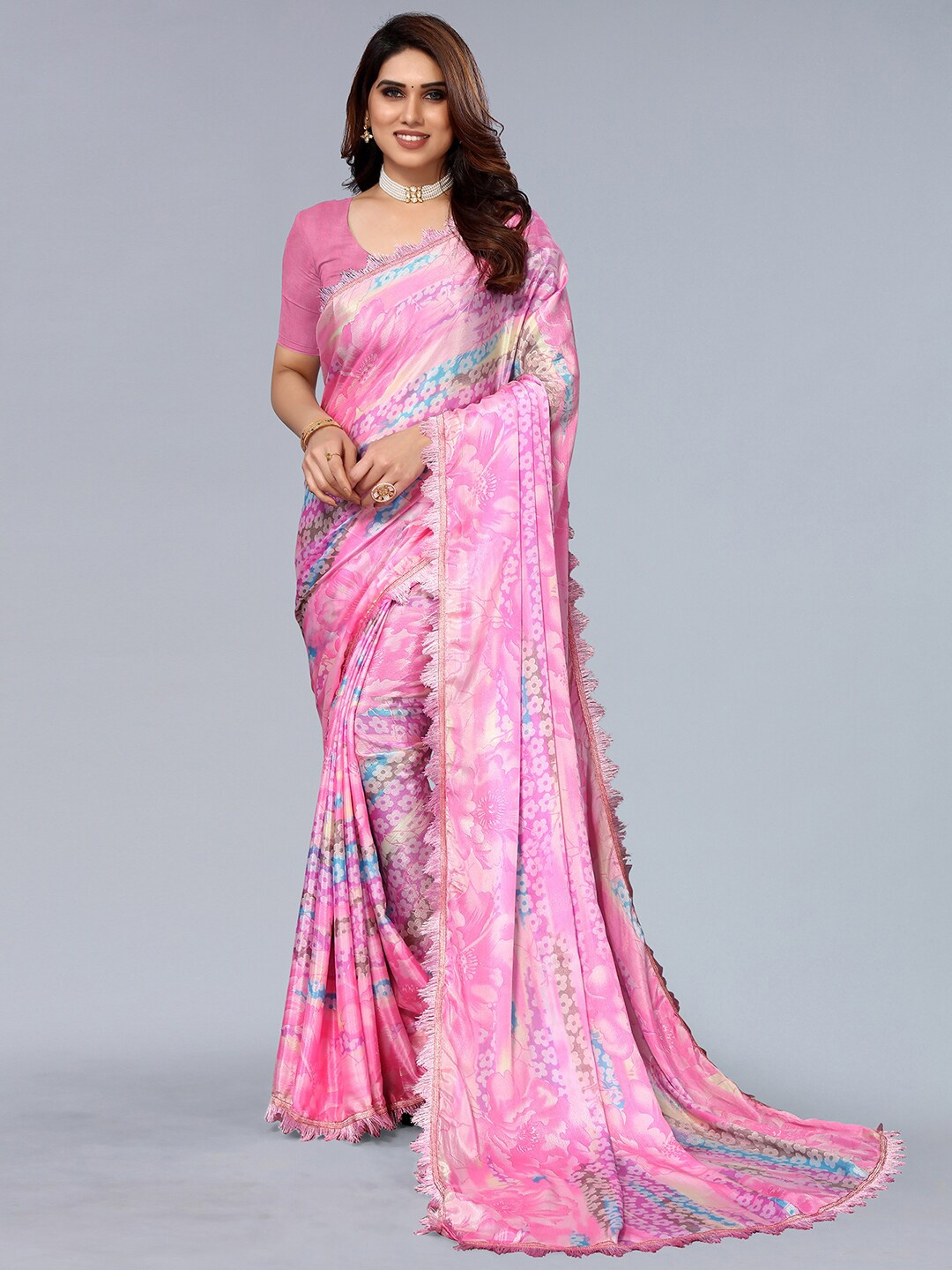 

SIRIL Floral Printed Silk Blend Saree, Pink