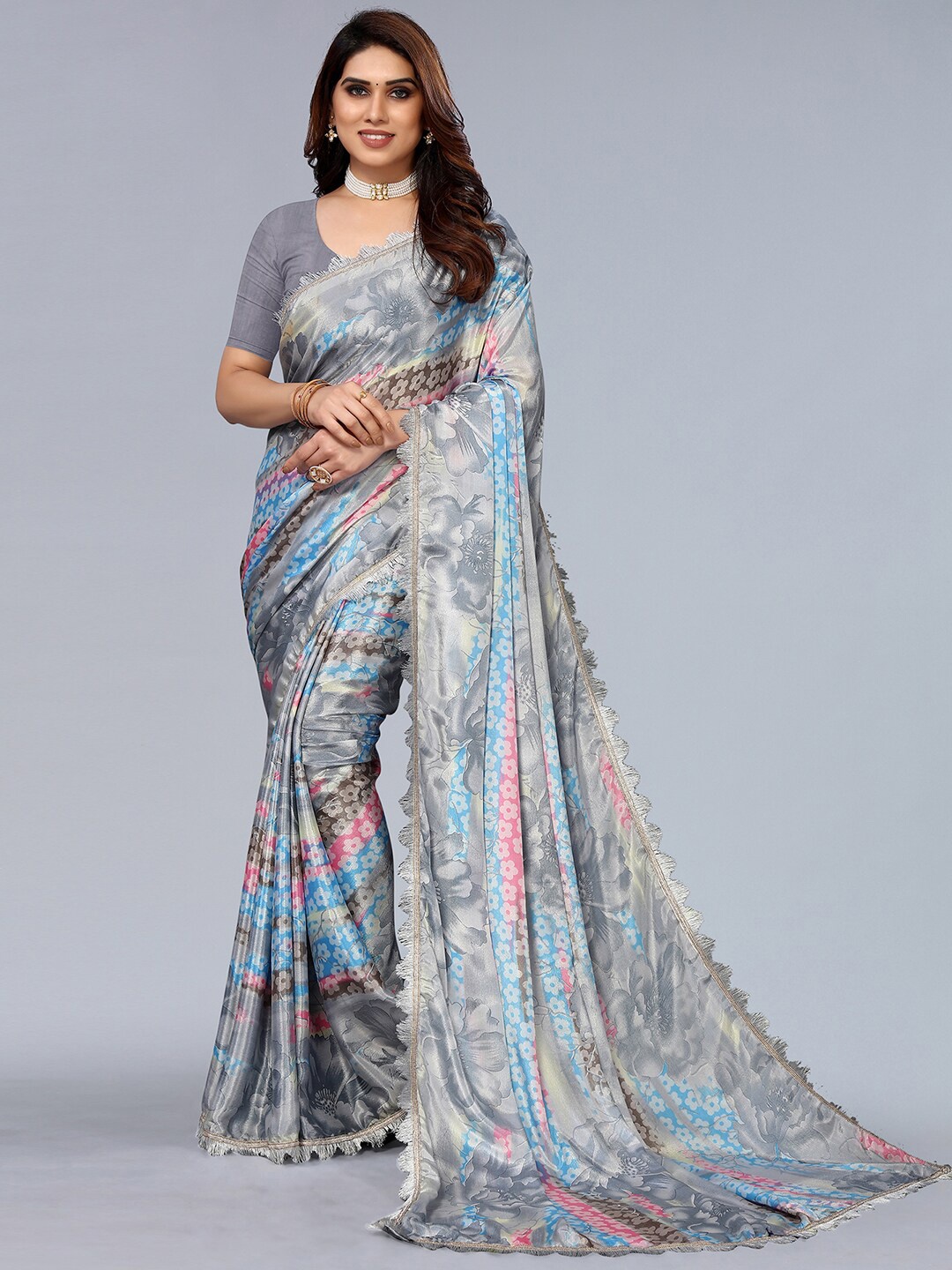 

SIRIL Floral Printed Silk Blend Saree, Grey