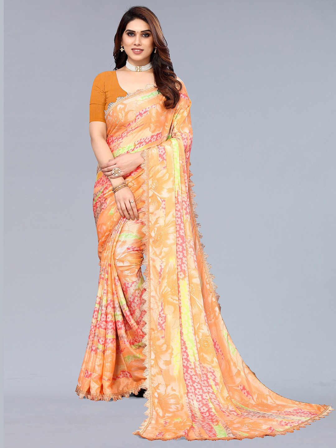 

SIRIL Floral Printed Silk Blend Saree, Orange