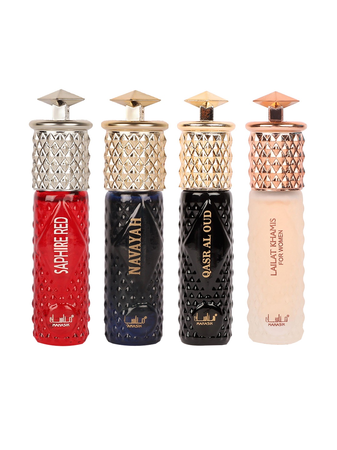 

MANASIK Women Set Of 4 Attars 6 ml Each - SaphireRed + Navayah + QasrAlOud + LailatKhamis, Multi