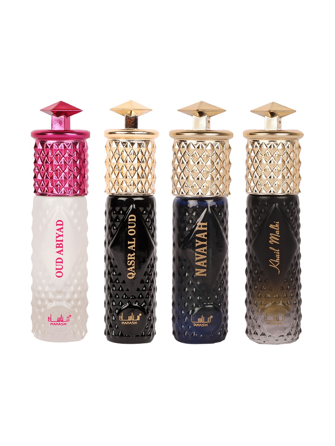 

MANASIK Women Set Of 4 Attars 6 ml Each - OudAbiyad + Navayah + QasrAlOud + KhailMalaki, Multi