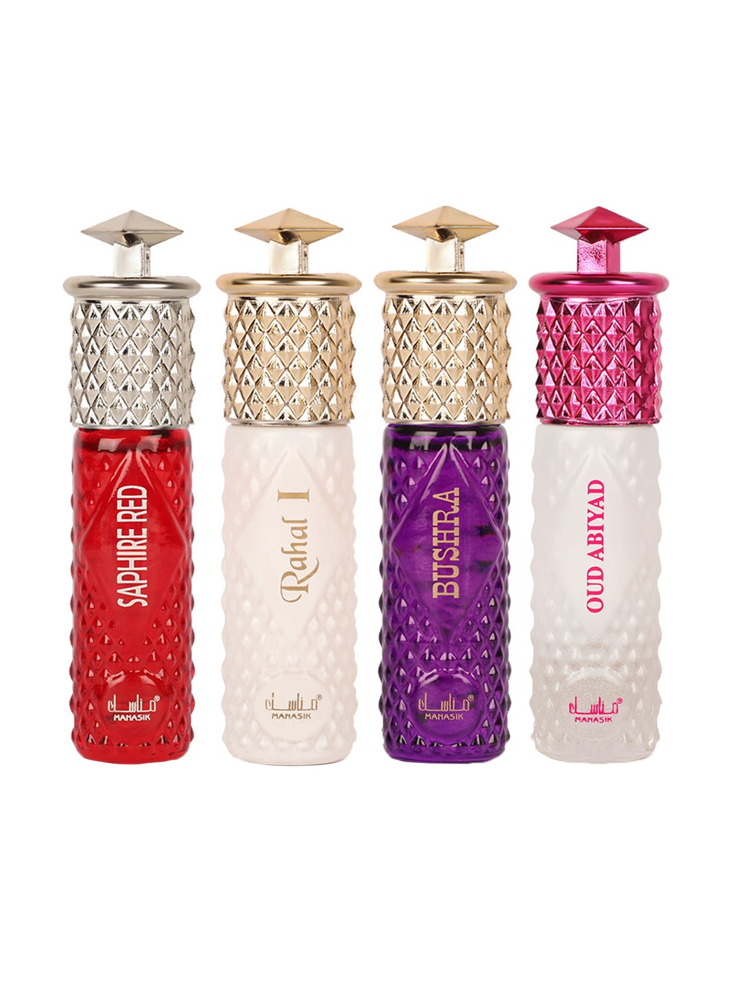 

MANASIK Women Set Of 4 Attars 6 ml Each - Saphire Red + Rahal I + Bushra + Oud Abiyad, Multi