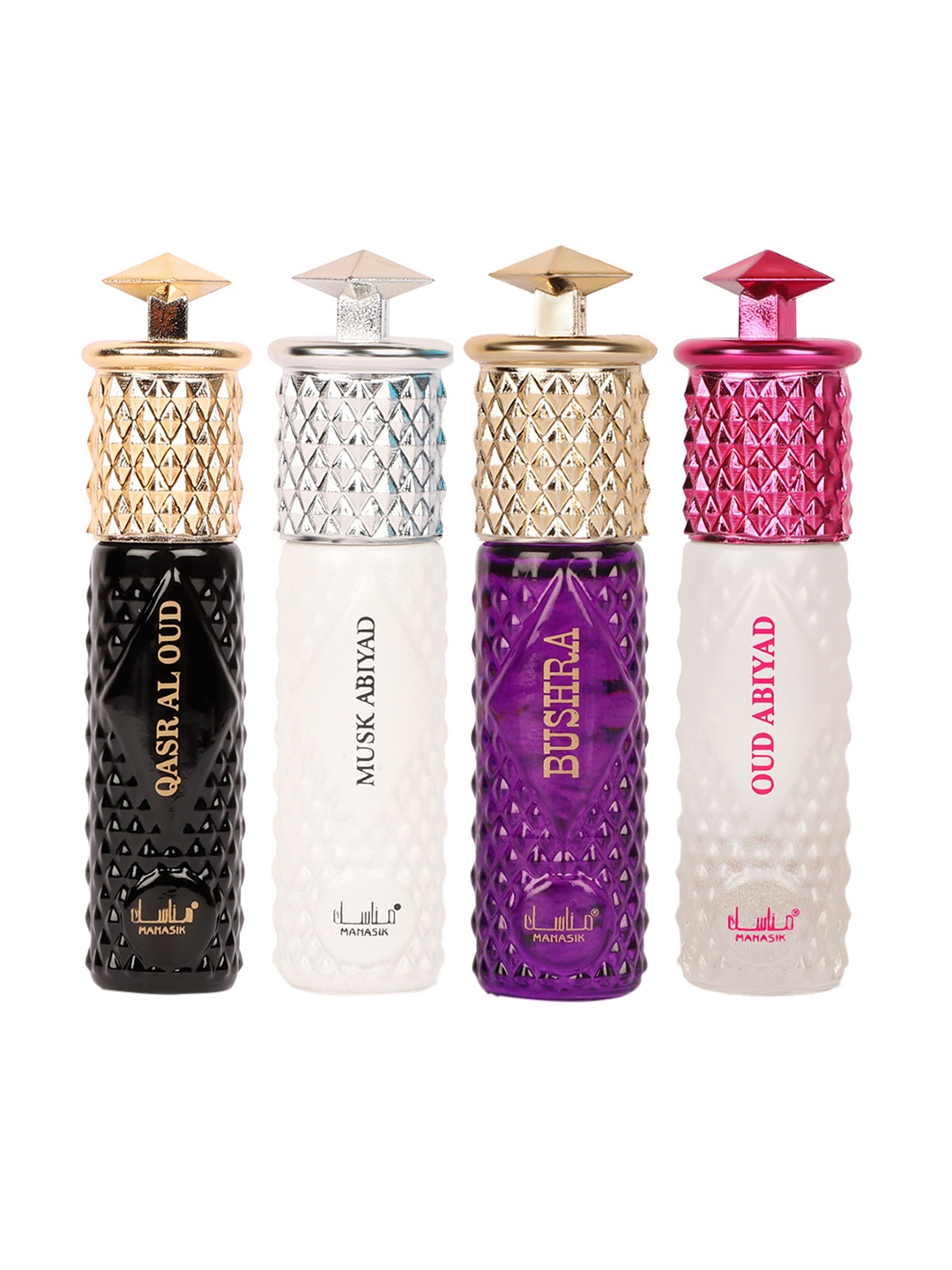 

MANASIK Women Set Of 4 Attars 6 ml Each - Bushra + Musk Abiyad + Qasr Al Oud + Oud Abiyad, Purple