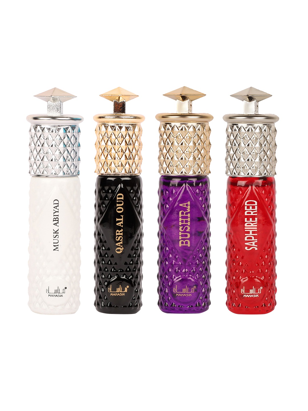 

MANASIK Women Set Of 4 Attars 6 ml Each - Musk Abiyad + Qasr Al Oud + Bushra + Saphire Red, White