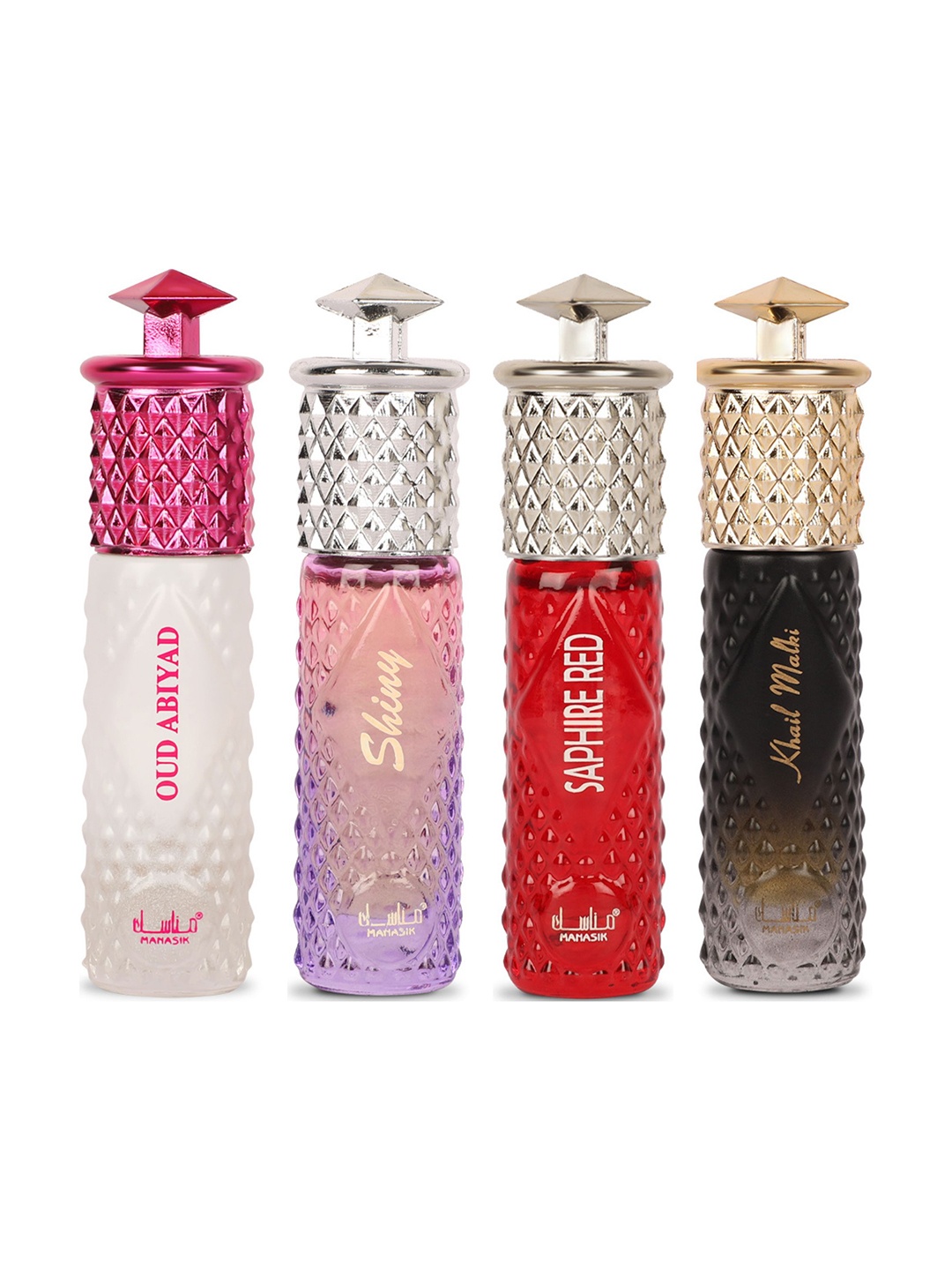 

MANASIK Women Set Of 4 Attars 6 ml Each - OudAbiyad + ShinyPink + SaphireRed + KhailMalaki, Red