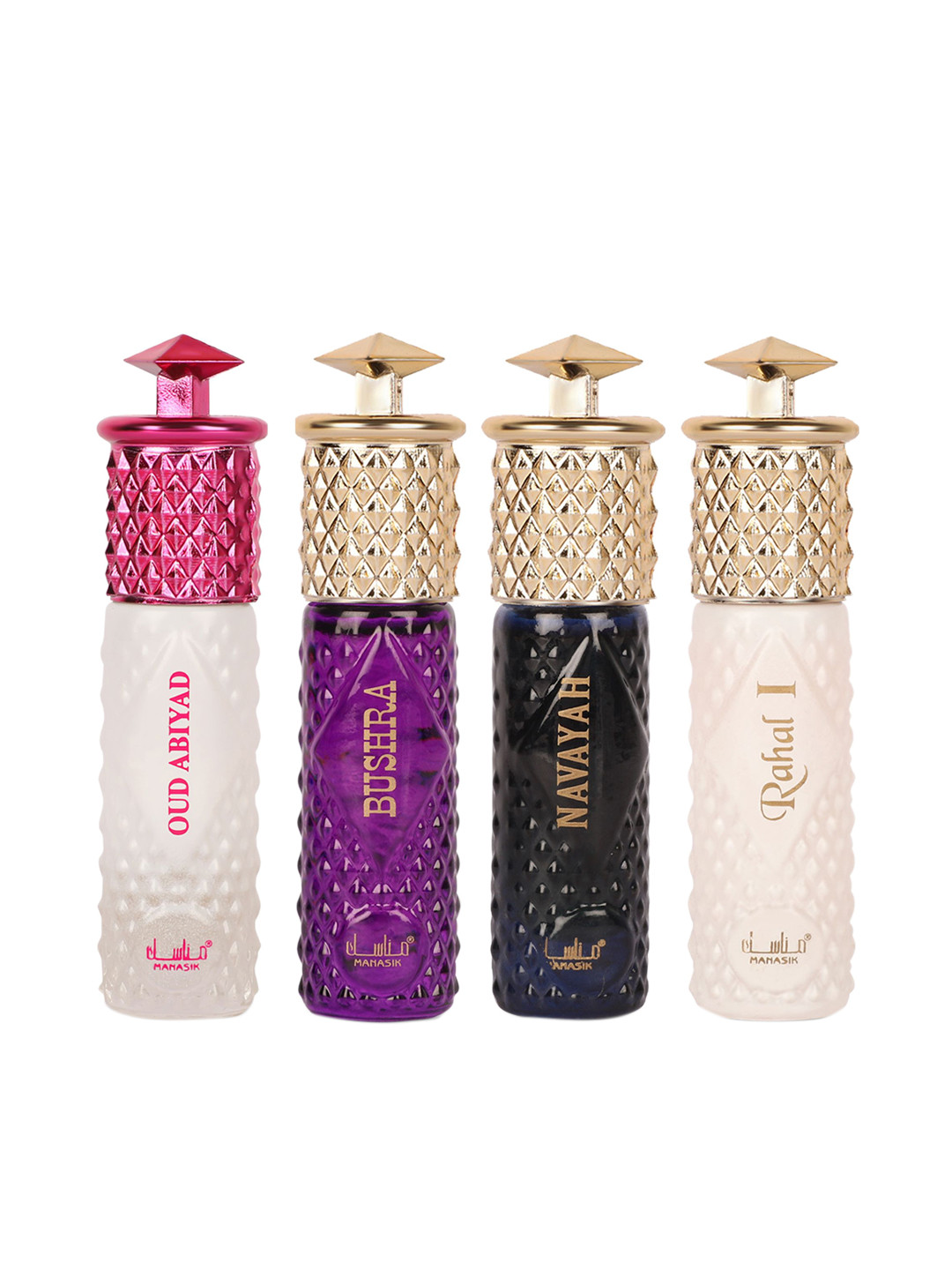

MANASIK Premium Women Set Of 4 Long Lasting Attars - 6 ml Each Oud Abiyad - Bushra - Navayah & Rahal I, White