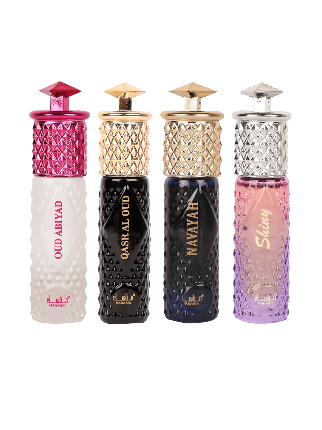 

MANASIK Premium Women Set Of 4 Long Lasting Attars - 6 ml Each Oud Abiyad - Qasr Al Oud - Navayah & Shiny Pink, White