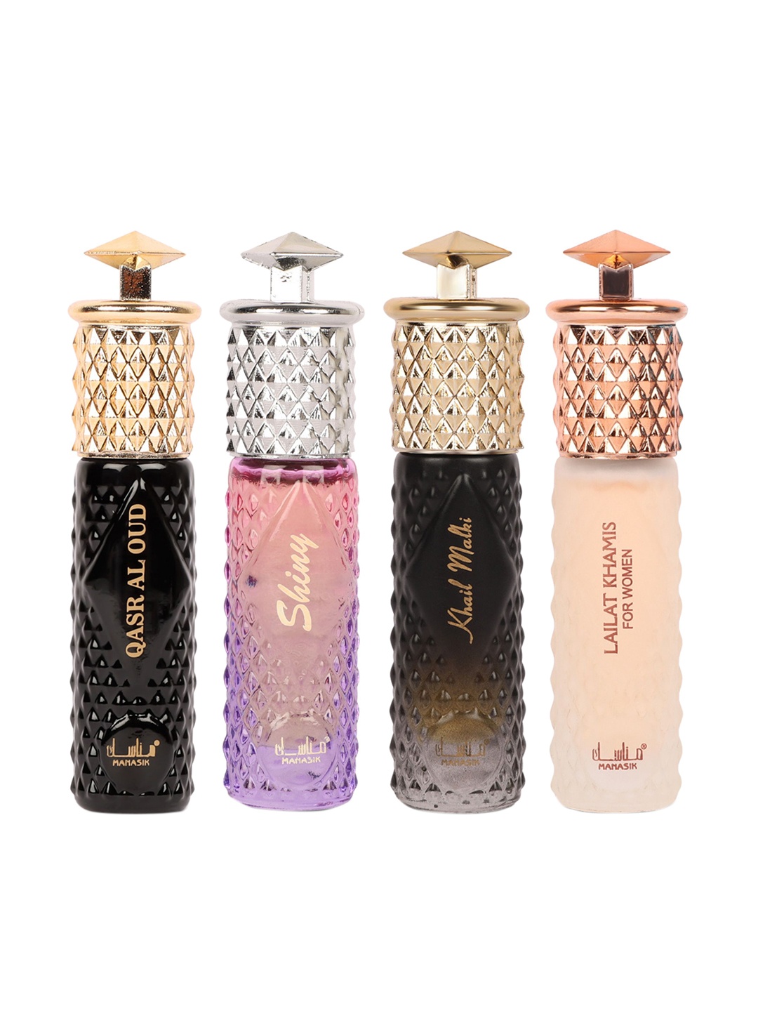 

MANASIK Premium Women Set Of 4 Long Lasting Attars - 6 ml Each Qasr Al Oud - Shiny Pink - Khail Malaki & Lailat Khamis White