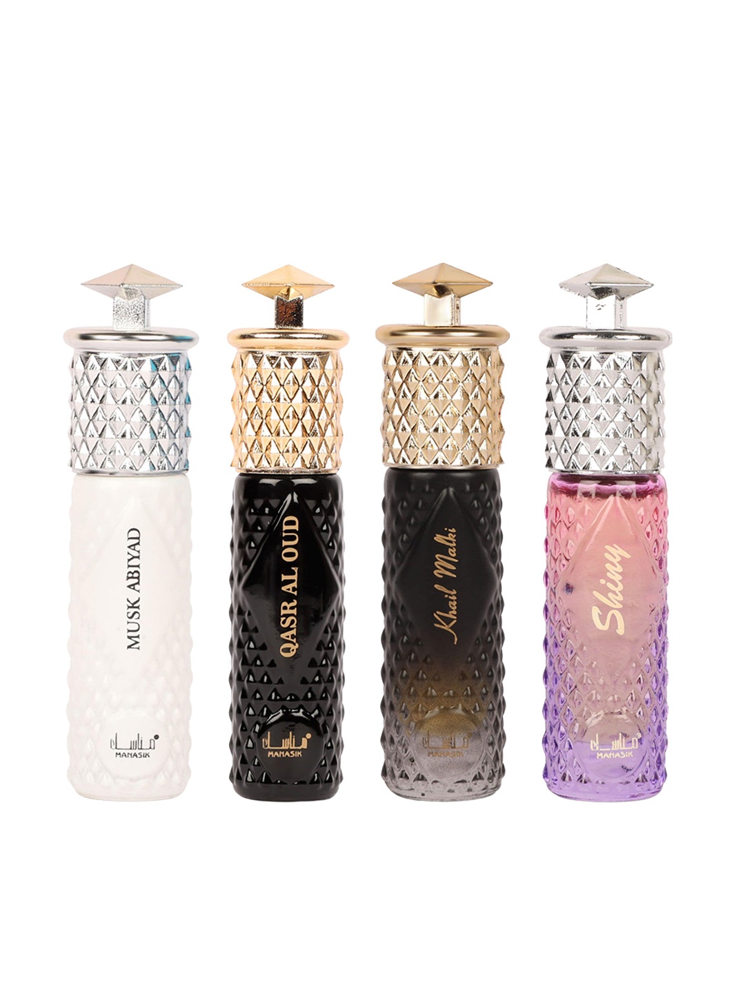 

MANASIK Premium Women Set Of 4 Long Lasting Attars - 6 ml Each - Musk Abiyad - Qasr Al Oud - Khail Malaki & Shiny Pink, White