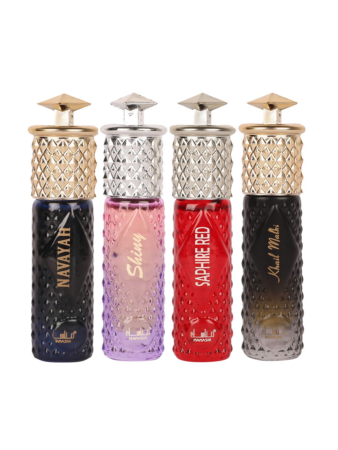 

MANASIK Premium Women Set Of 4 Long Lasting Attars - 6 ml Each Navayah - Shiny Pink - Saphire Red & Khail Malak