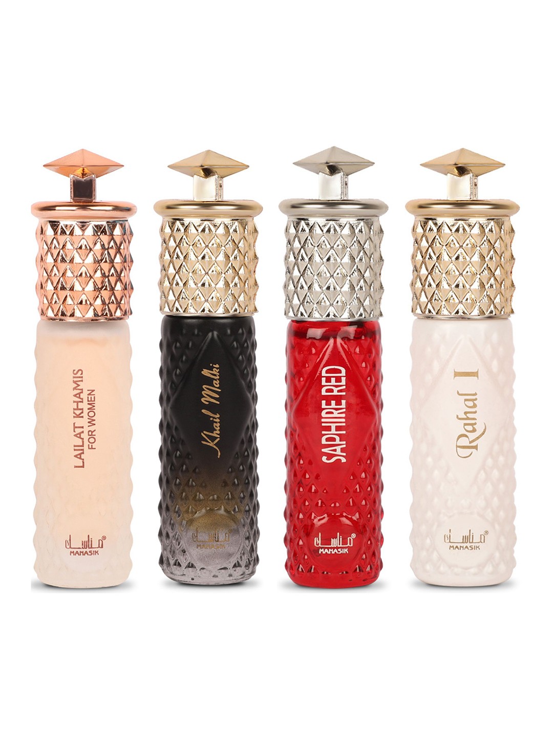 

MANASIK Premium Women Set Of 4 Lailat Khamis White - Khail Malaki - Saphire Red & Rahal I Long Lasting Attars 6 ml Each, Transparent