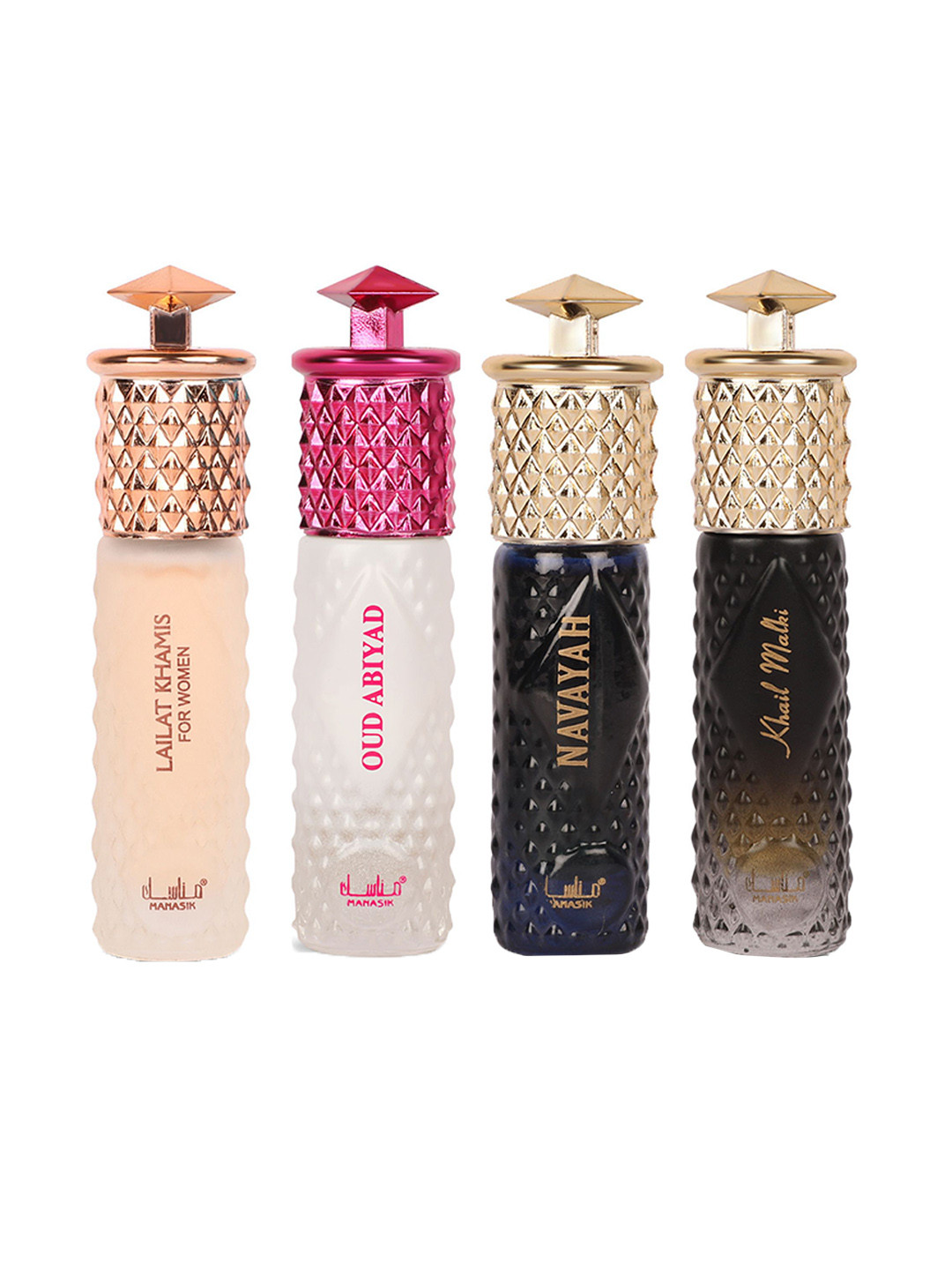 

MANASIK Premium Women Set Of 4 Long Lasting Attars - 6 ml -Each Lailat Khamis White - Oud Abiyad - Navayah & Khail Malaki