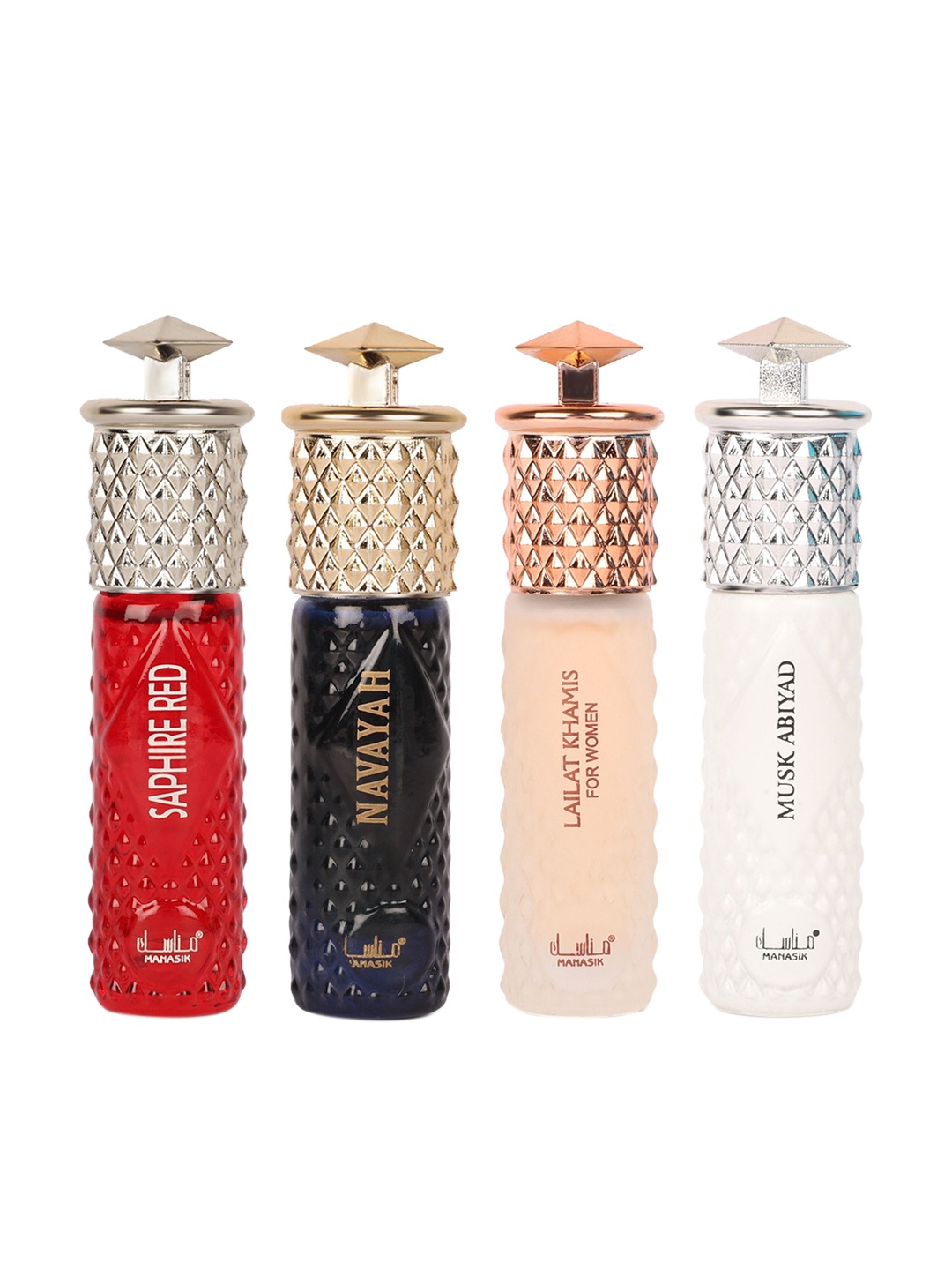 

MANASIK Premium Women Set Of 4 Long Lasting Attars - 6 ml - Each Saphire Red - Navayah - Lailat Khamis & Musk Abiyad