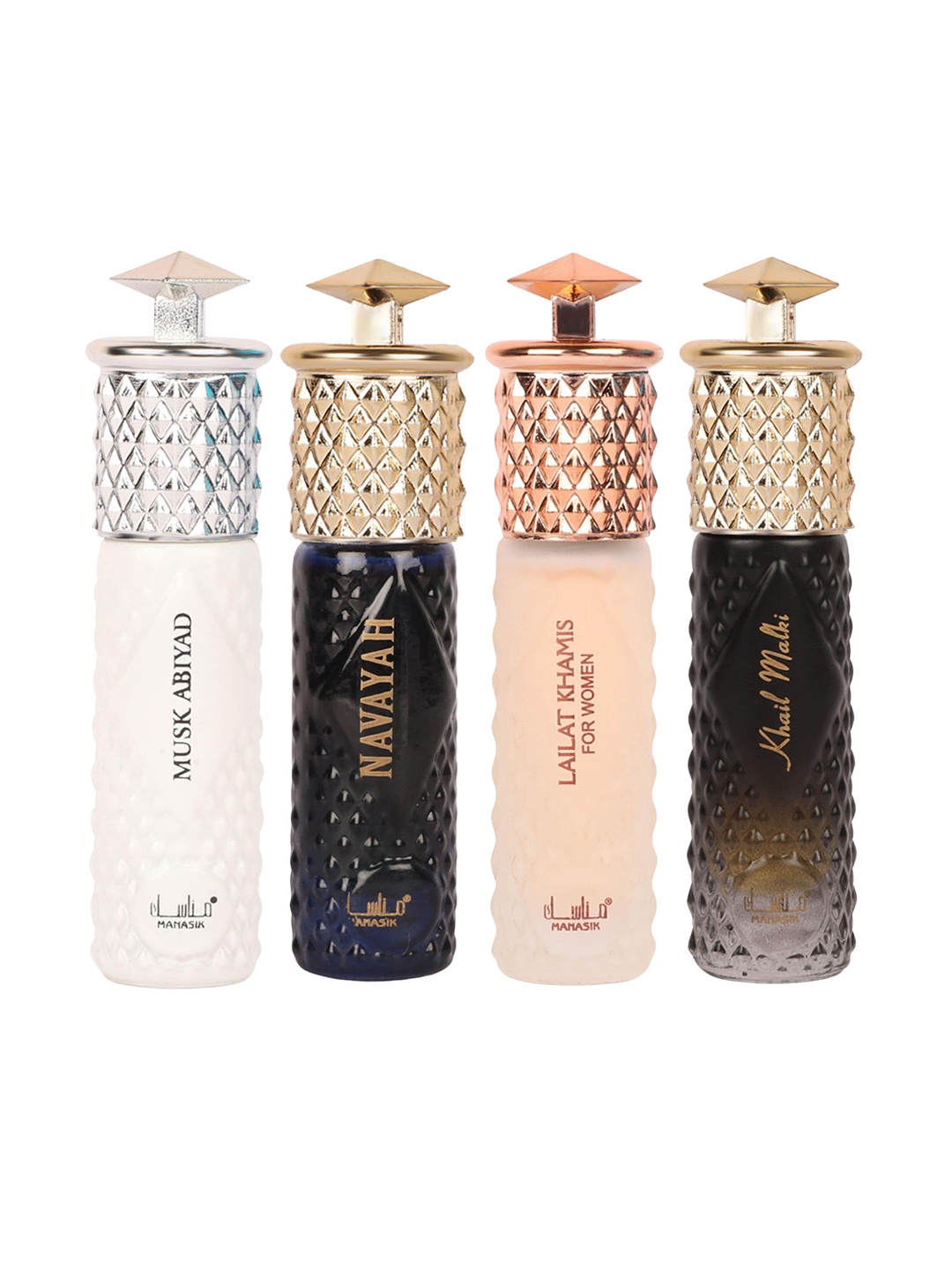 

MANASIK Premium Women Set Of 4 Long Lasting Attars - 6 ml -Musk Abiyad - Navayah - Lailat Khamis White & Khail Malaki