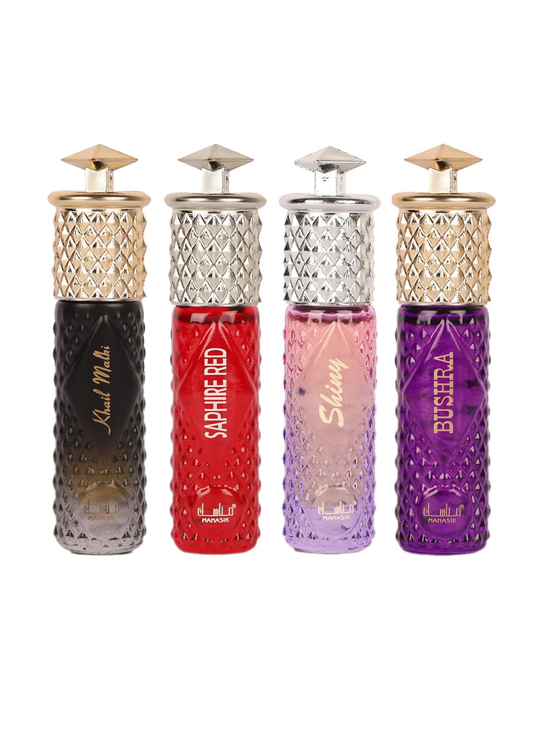 

MANASIK Women Premium Set Of 4 Khail Malaki - Saphire Red - Siny Pink & Bushra Long Lasting Attar 6 ml Each, Multi