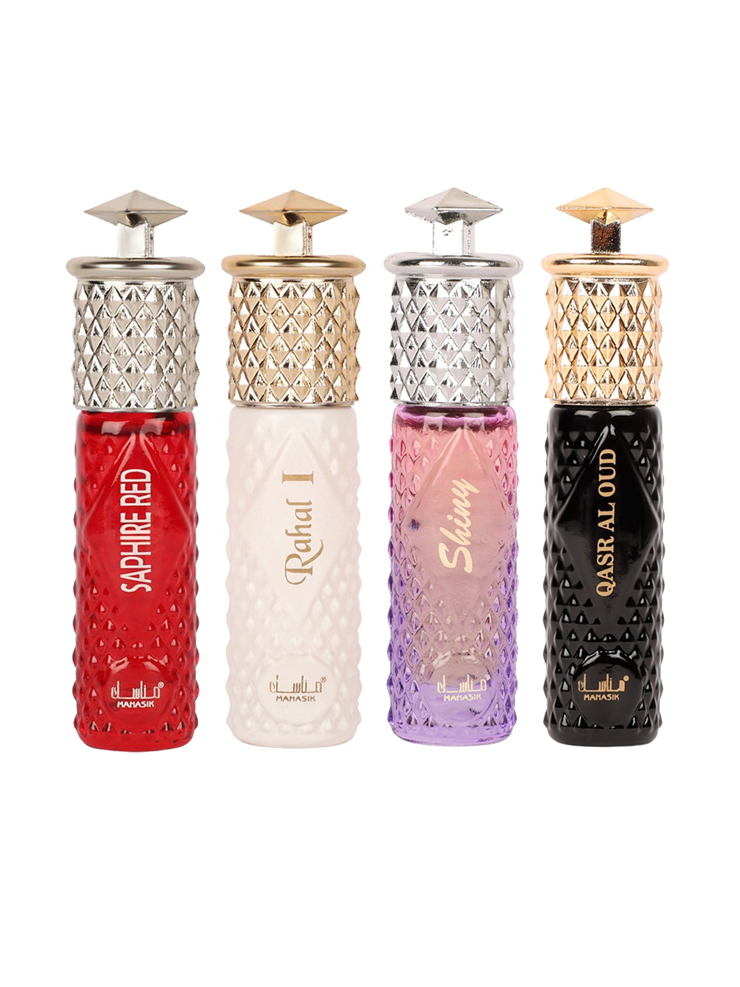 

MANASIK Premium Women Set Of 4 Long Lasting Attars - 6 ml -Each - Saphire Red - Rahal I - Shiny Pink & Qasr Al Oud, White