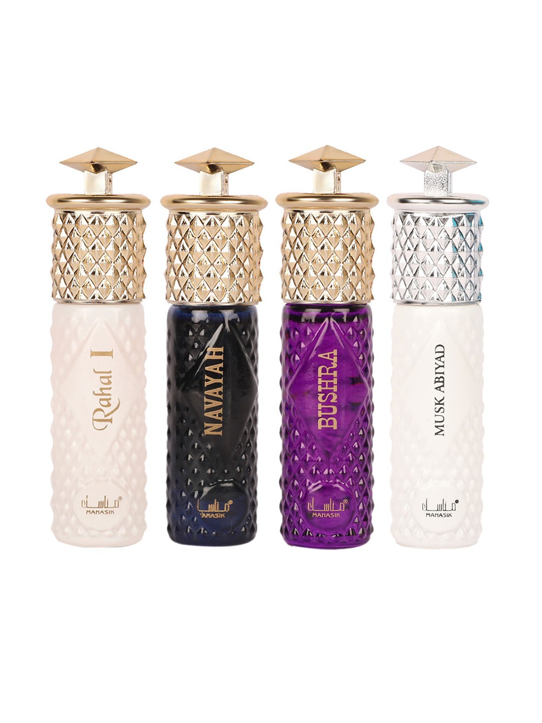 

MANASIK Premium Women Set Of 4 Long Lasting Attars - 6 ml - Each Rahal I - Navayah - Bushra & Musk Abiyad, White