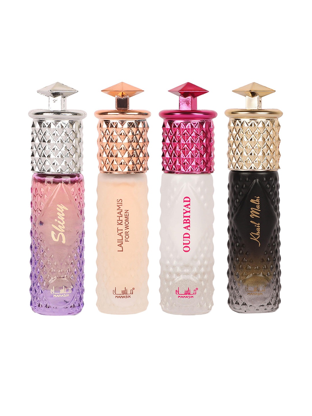 

MANASIK Premium Women Set Of 4 Shiny Pink - Lailat Khamis White - Oud Abiyad & Khail Malaki Long Lasting Attar 6 ml Each