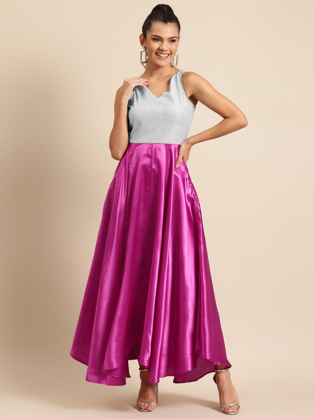 

DODO & MOA Self Design Colourblocked Satin Fit & Flare Maxi Dress, Pink