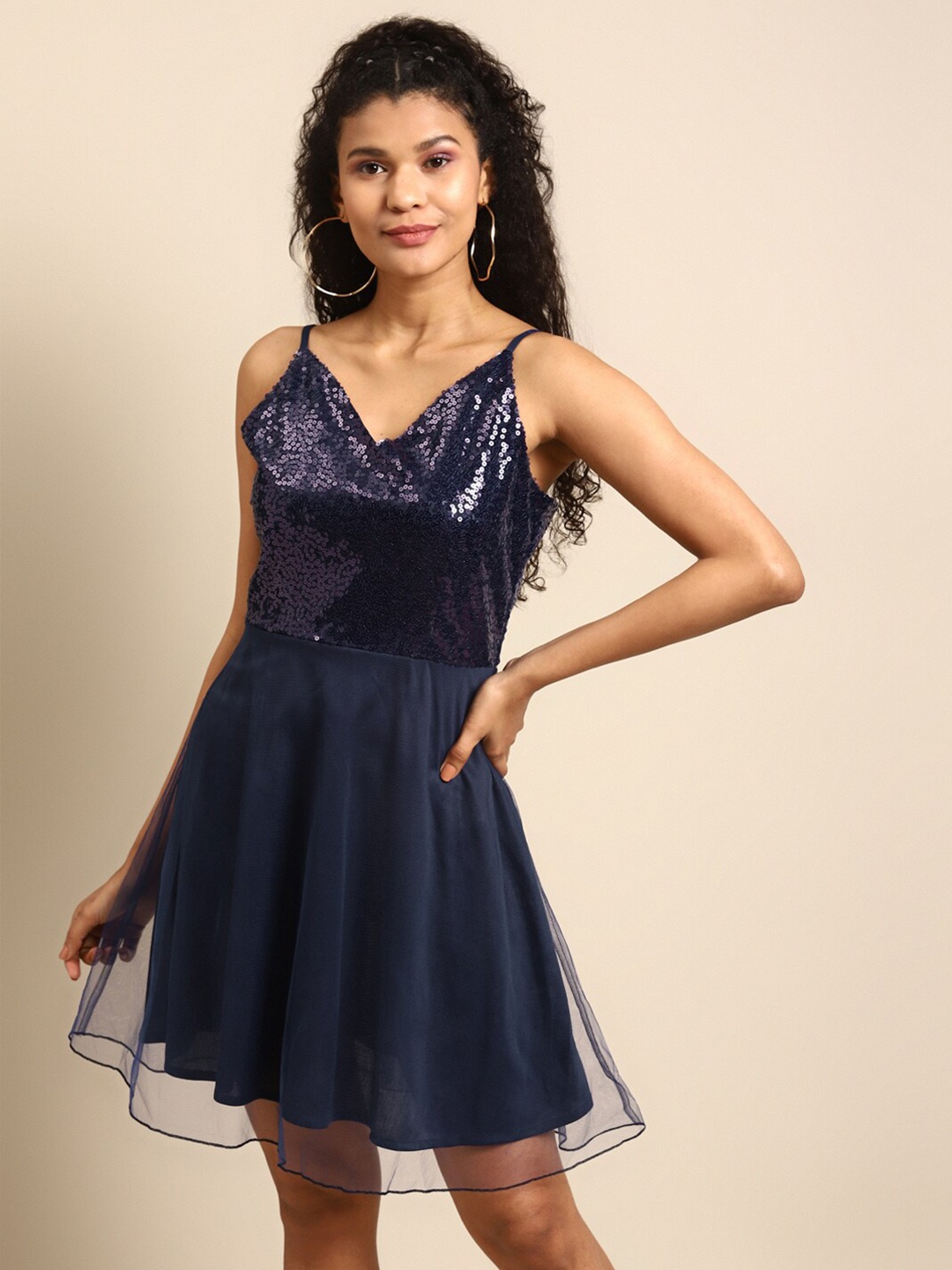 

DODO & MOA Shoulder Straps Embellished Sequined A-Line Net Dress, Navy blue