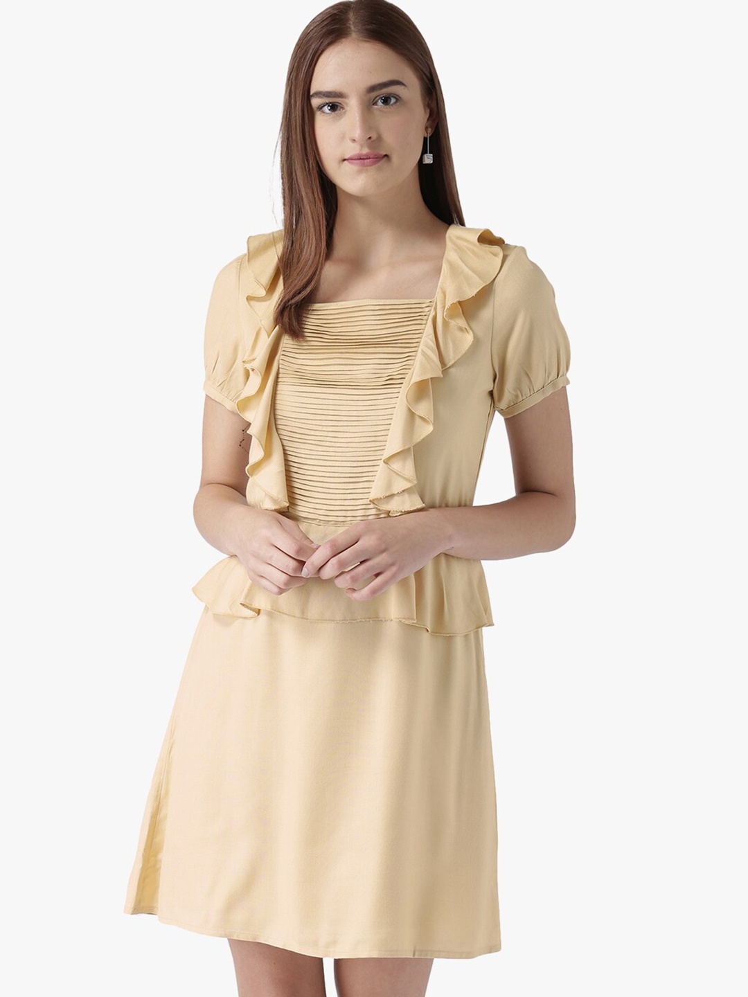 

DODO & MOA Square Neck Ruffles Pintucks A-Line Dress, Beige