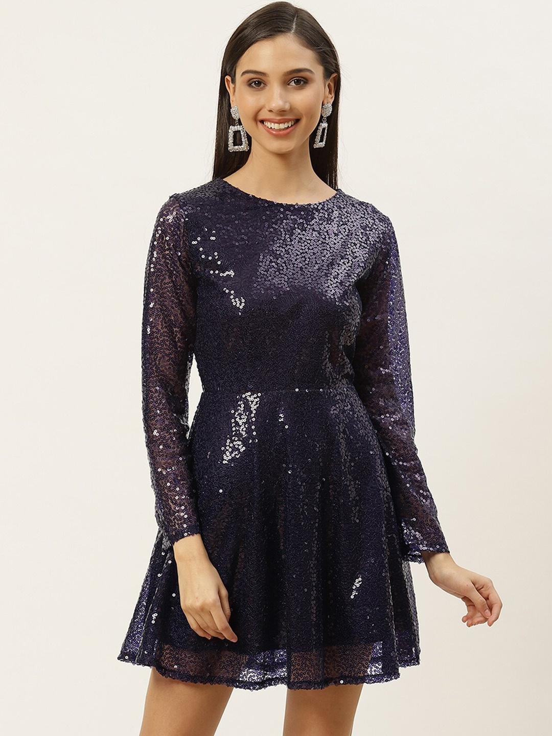 

DODO & MOA Embellished Sequined Fit & Flare Mini Dress, Navy blue