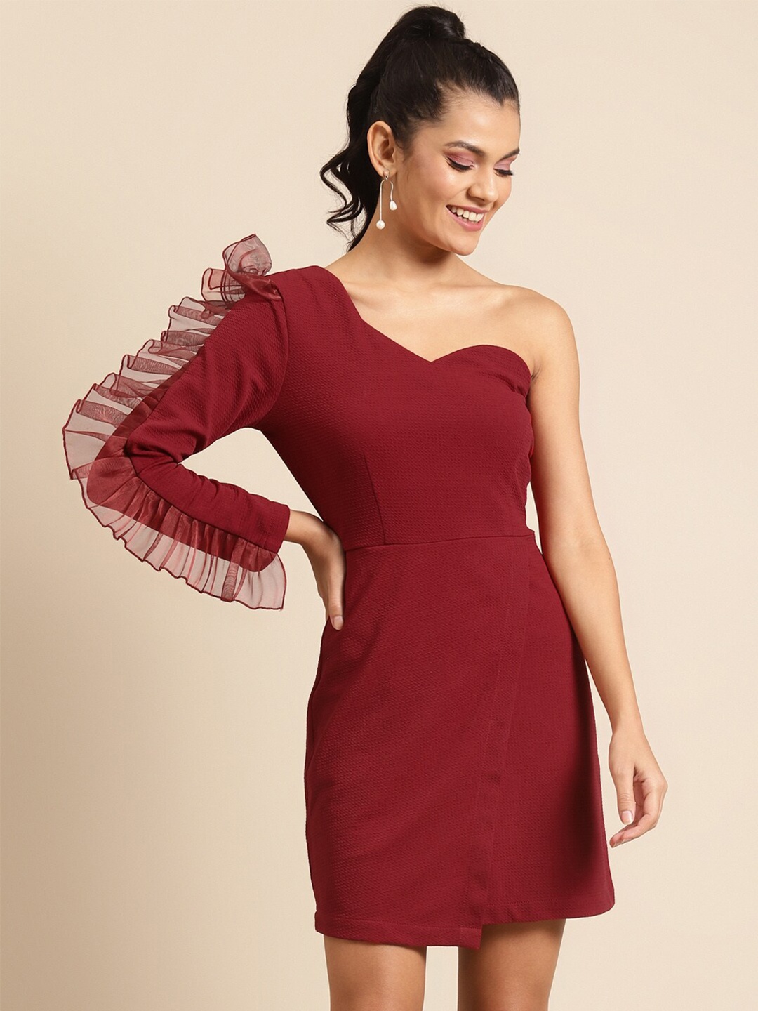 

DODO & MOA One Shoulder Ruffles Sheath Dress, Maroon