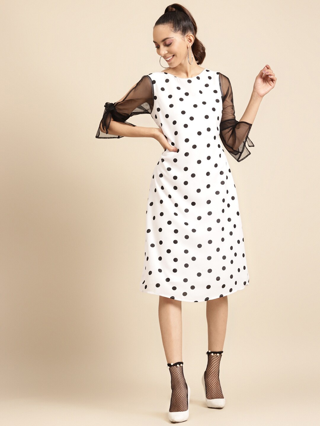 

DODO & MOA Polka Dots Printed Slit Sleeves Crepe A-Line Dress, White