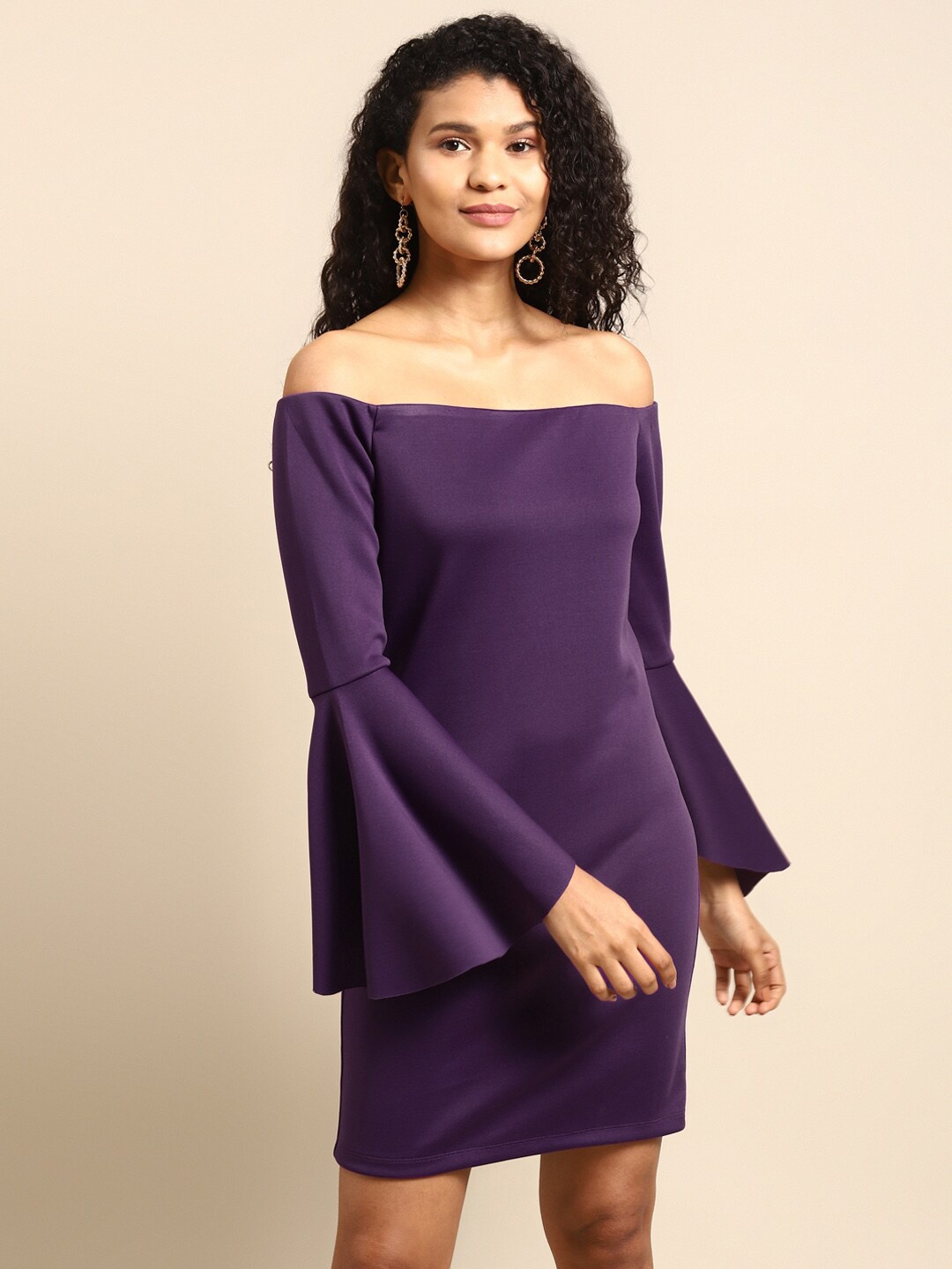 

DODO & MOA Off-Shoulder Bell Sleeves Scuba Sheath Dress, Purple