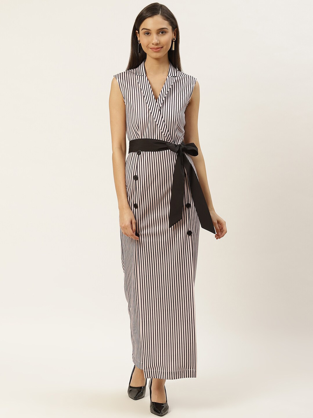 

DODO & MOA Striped Crepe Sleeveless Maxi Dress with Belt, Off white