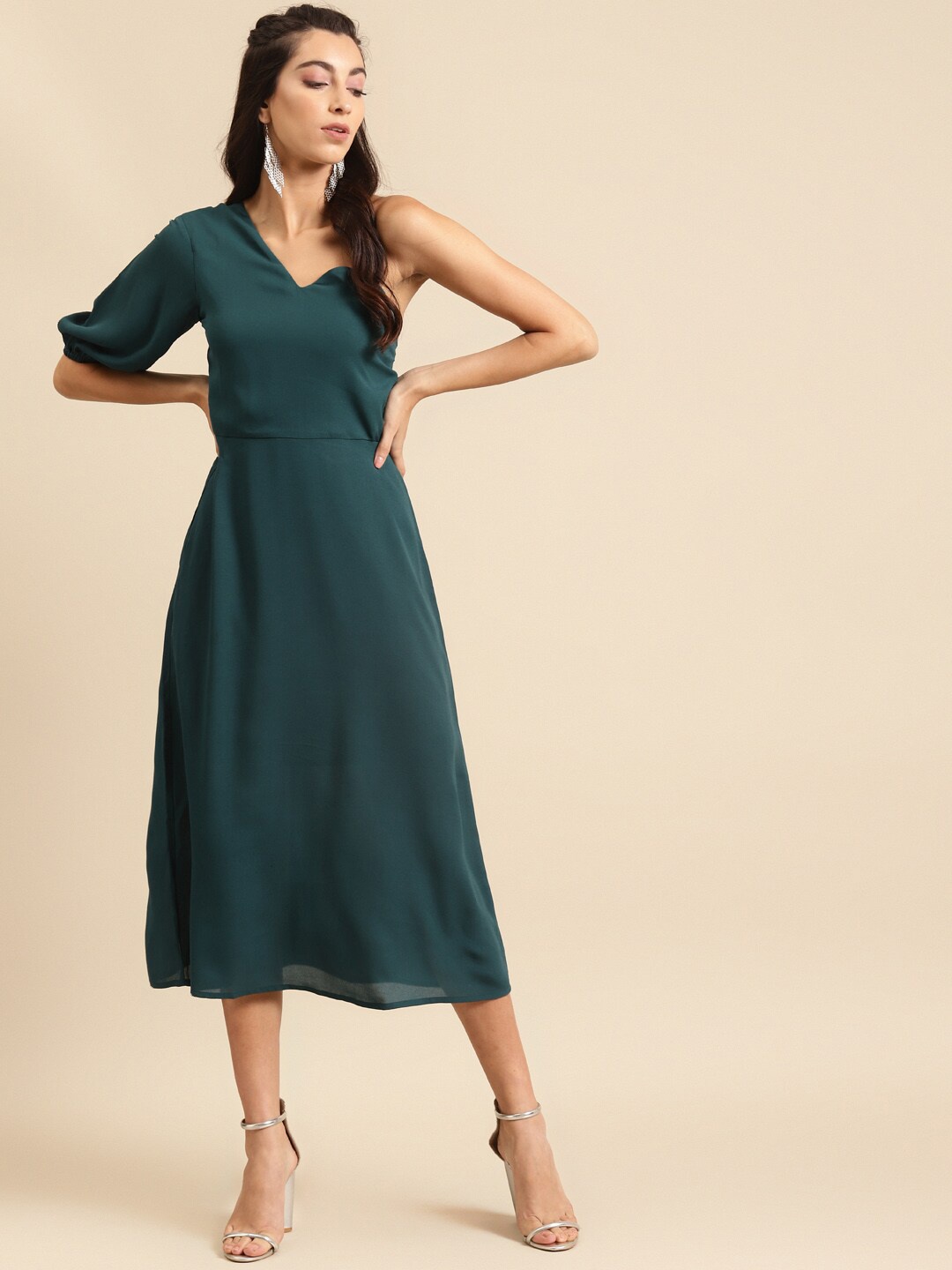 

DODO & MOA One Shoulder Puff Sleeves Georgette Midi A-Line Dress, Teal