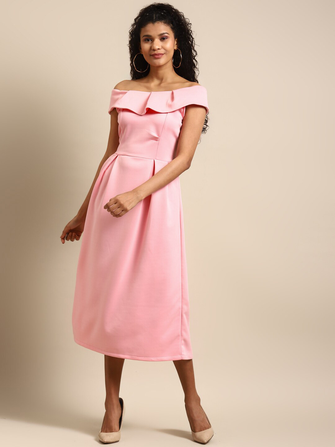 

DODO & MOA Off-Shoulder Sleeveless Scuba A-Line Midi Dress, Pink